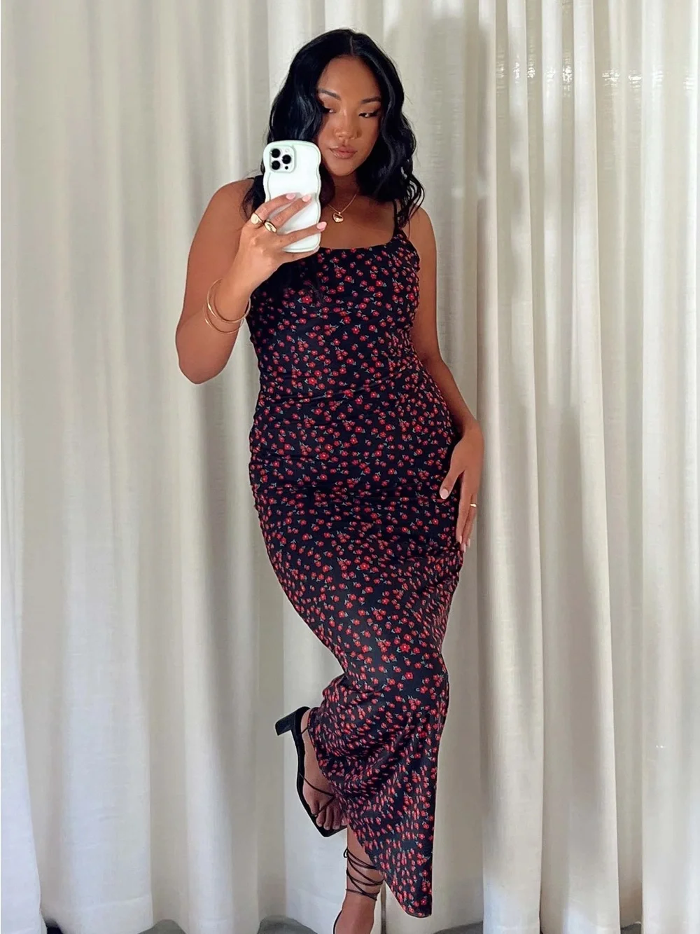 Princess Polly Knox Maxi Slip Dress Red Floral Print